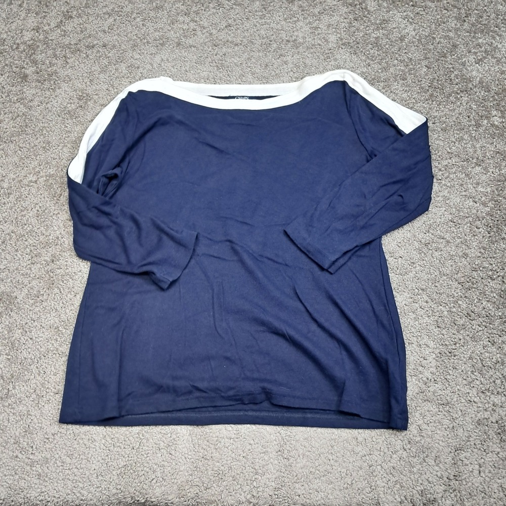 Chaps Womens XL Navy Blue White Boat Neck 3/4 Sleeve Cotton Knit Top Tee